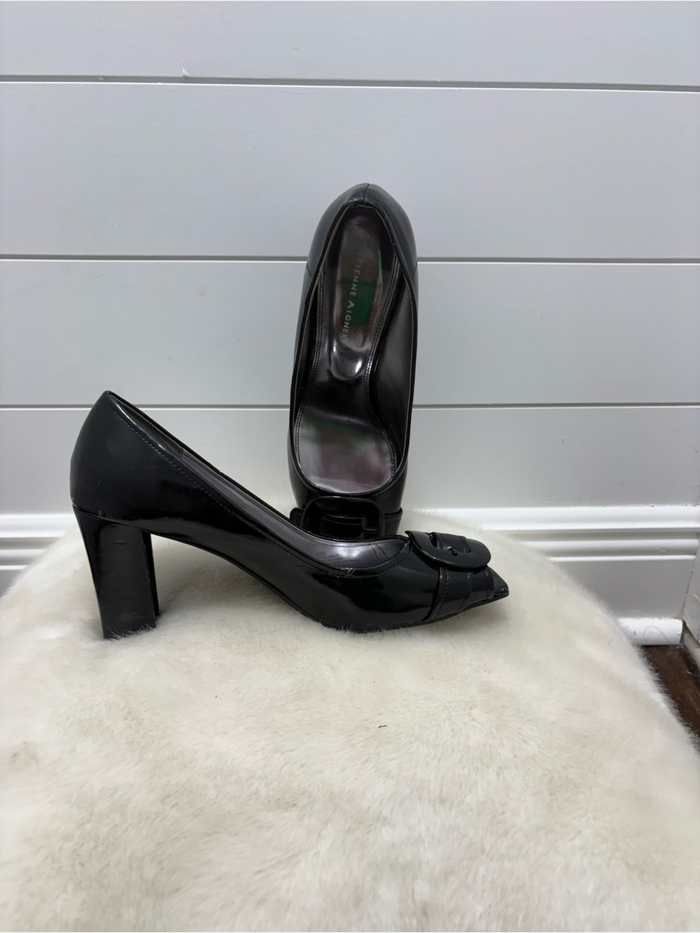 Etienne Aigner Black Patent Peep-Toe Block Heels